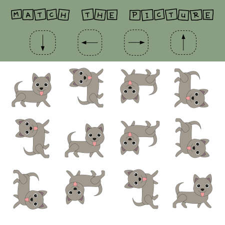 Match the pictures of pets dogs and directions up, down, left and right. Printable worksheet. Flashcards for education.のイラスト素材
