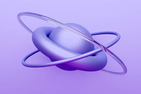 3d illustration model of a solar system with orbiting planets. Simple geometric shapes.の写真素材