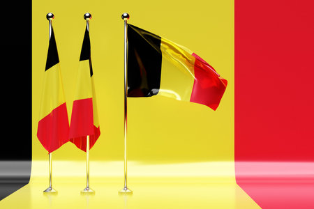 3D illustration of the national flag of Belgium on a metal flagpole fluttering .Country symbol.の写真素材