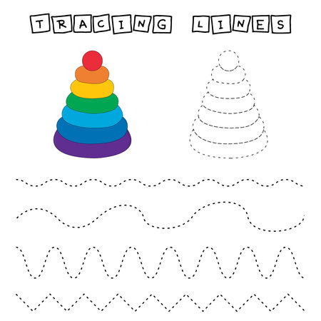 Trace line worksheet with colorful pyramids for kids, practicing fine motor skills. Educational game for preschool children.のイラスト素材