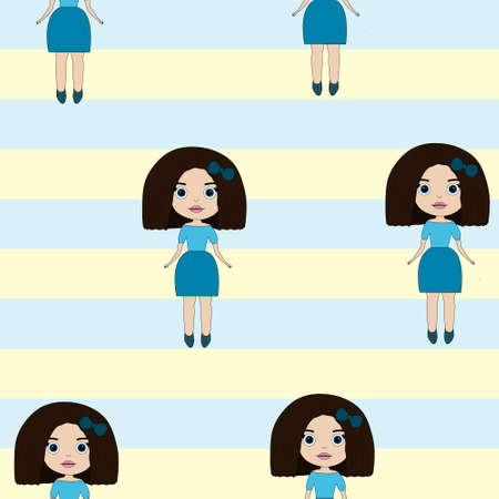 Seamless pattern of cartoon dolls on a striped background. cute little girls pattern, design for kidsのイラスト素材