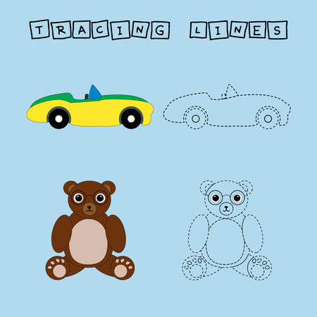 Tracing lines game with car and bear. Worksheet for preschool kids, kids activity sheet, printable worksheetのイラスト素材