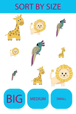 Match the animals giraffe, lion, parrot by size large, medium and small. Children's educational game.のイラスト素材