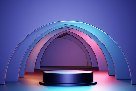 3d illustration of a purple circle podium stand on the background of a geometric composition. 3d rendering. Minimalism geometry backgroundの写真素材