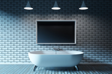 3D illustration interior of a spacious bathroom with a black TV screen and three chandeliers, in the background a brick wall and a wooden floorの写真素材