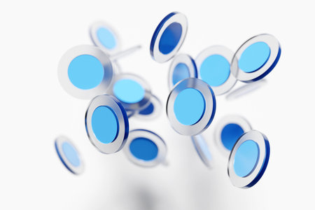 3D illustration transparent chips with a blue middle fly on a white isolated backgroundの写真素材