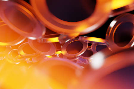 3D illustration transparent chips with a dark middle fly on a dark isolated backgroundの写真素材