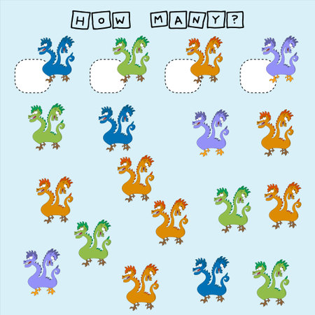 How many counting game with funny cute monsters. Worksheet for preschool kids, kids activity sheet, printable worksheetのイラスト素材