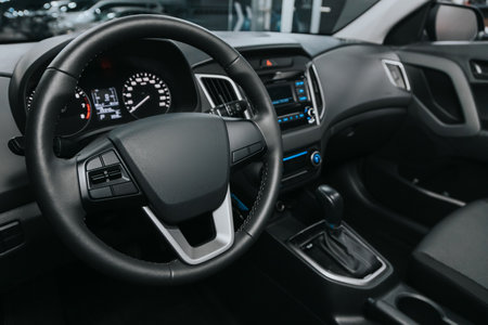 Interior of new modern SUV car with automatic transmission, dashboardの写真素材