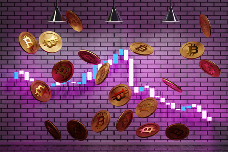 3d illustration A lot of bitcoins Cryptocurrency Gold Bitcoin BTC Bit Coin with growth graph. Close-up of bitcoin coins, Blockchain technology, bitcoin mining concept.の写真素材