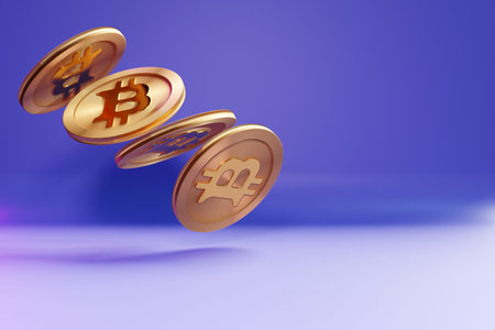 3d illustration golden bitcoin coin flying on a purple background. bitcoin symbol in cryptocurrency