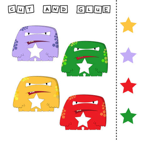 Vector illustration of mead monsters lacking the desired element. paper game for the development of preschoolers. Cut out parts of the image and glue on the cute heroes. A fun game for kids and kidsのイラスト素材