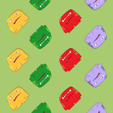 Childish pattern with cute monsters on green background. Vector texture for children clothes, fabrics, textilesのイラスト素材