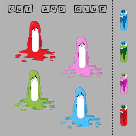 worksheet vector design, the task is to cut and glue a piece on colorful monsters. Logic game for kids.のイラスト素材