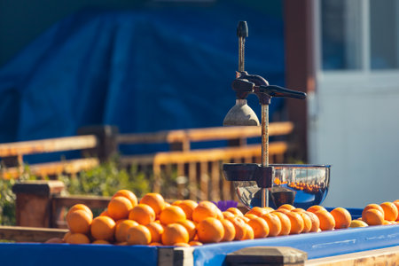 close-up of a manual metal juicer and a lot of fresh oranges on the store counterの写真素材