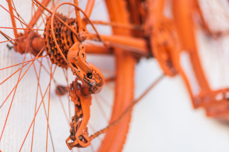 close-up suspension of a vintage orange bicycleの写真素材