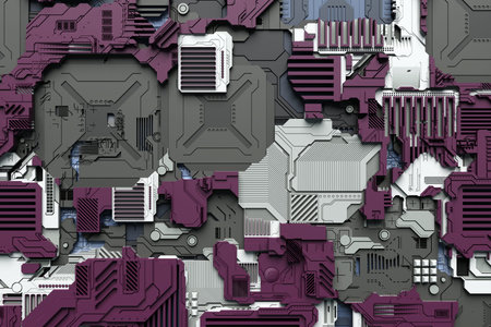3d illustration of a pattern in the form of a metal, technological plating of a spaceship or a...