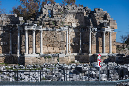 An antique ruined city of columns.Ruin. View of the ancient city in Side, Turkey.