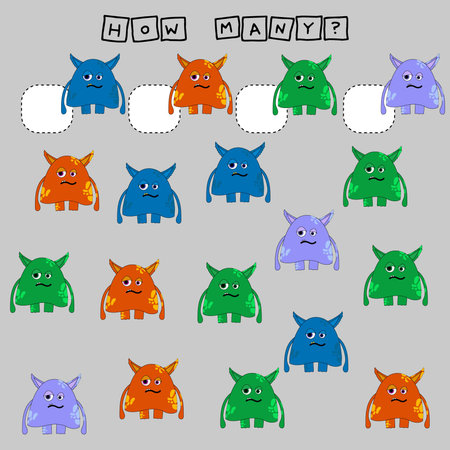 How many counting game with funny cute monsters. Worksheet for preschool kids, kids activity sheet,...
