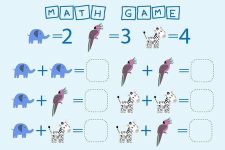 worksheet vector design, task to calculate the answer and connect to the correct number. Logic game for children.のイラスト素材