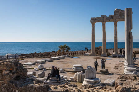 Side, Turkey -January 27, 2022: Temple of Apollo at the ancient city of Side in Antalya region on the Mediterranean coast of Turkey.のeditorial素材