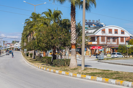 Side, Turkey -January 27, 2022: a clean and free city street. City street with different low rise houses, cars parkingのeditorial素材