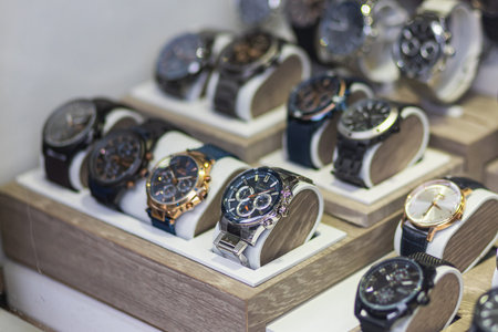 Side, Turkey -January 29, 2022: Shop window with a huge selection of men's watches