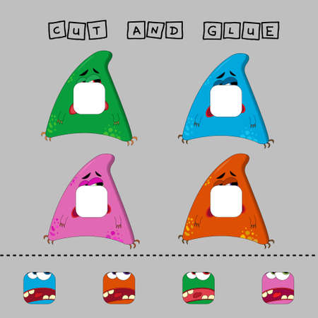 worksheet vector design, the task is to cut and glue a piece on colorful monsters. Logic game for kids.のイラスト素材