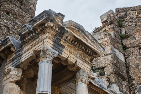 An antique ruined city of columns.Ruin. View of the ancient city in Side, Turkey.