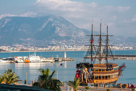 side; Turkey â€“ February 16 2022: Top view of a pier with many boats and yachts on the...