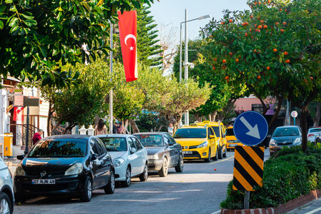 side; Turkey â February 16 2022: city street with different cars, taxi Renault against orange park , flagのeditorial素材