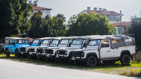Side, Turkey -February 18, 2022: parking with identical cars in a row Land Rover Defender