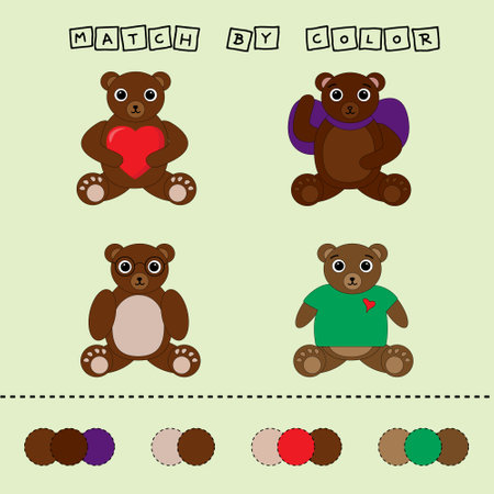 worksheet vector design, challenge to connect the bear with its color. Logic game for kids.のイラスト素材