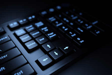 Computer black keyboard on black background. 3D rendering of streaming gear and gamer workspace...