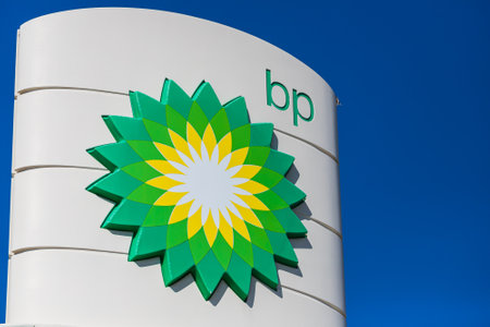 side; Turkey â March 01 2022: BP Retail Gas Station sign with blue cloudy sky in the background.のeditorial素材