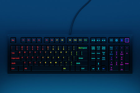 Computer RGB keyboard on black background. 3D rendering of streaming gear and gamer workspace...