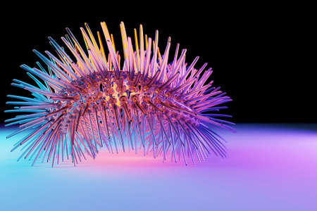 3D rendering abstract metal round fractal, portal with spikes under neon lights. round spiral on dark isolated backgroundの写真素材