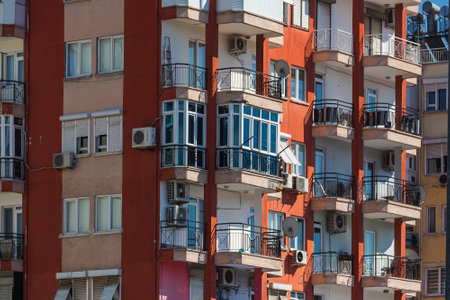 Antalya; Turkey â March 04 2022: Close-up of a multi-apartment panel house with air conditioningのeditorial素材