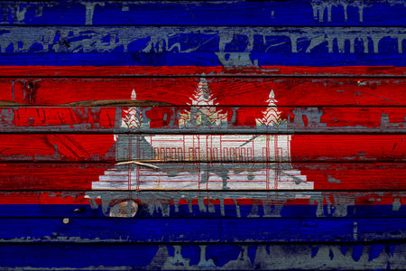 The national flag of Cambodia is painted on uneven boards. country symbol.の写真素材