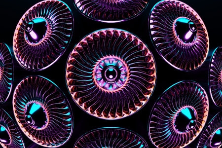 3D rendering future engine rocket turbine technology under blue and purple light. Futuristic part of...