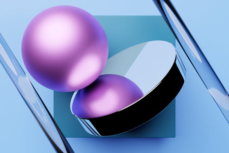3d illustration of pink glass glowing ball on mirror podium on a blue background