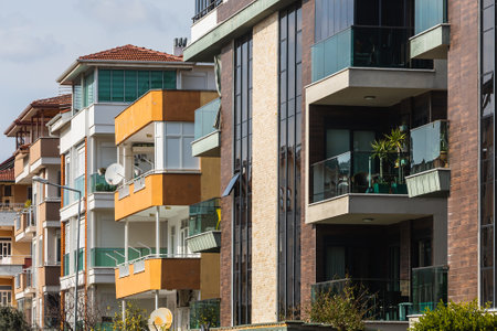 Antalya; Turkey â March 03 2022: Close-up of a multi-apartment panel house with air conditioningのeditorial素材