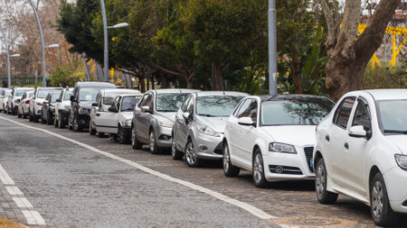 side; Turkey â March 04 2022: City street , cars parking on the roadのeditorial素材