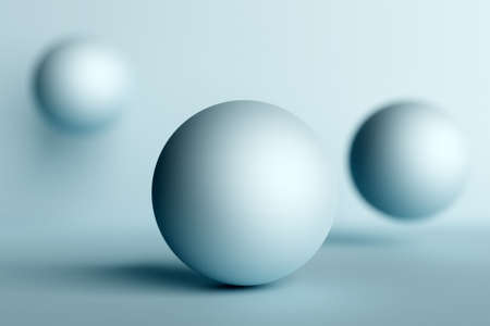 3D rendering. White inflatable balls. Close-up of geometric figure balls flyingの写真素材