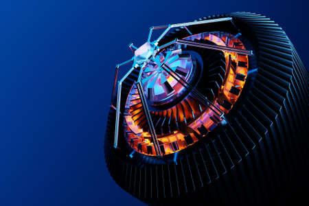 Part of rocket on the turbine on blue background, 3d illustration.futuristic part of a spacecraft turbineの写真素材