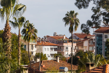 side; Turkey â March 01 2022: Colorful Turkish streets, low house with barrels of hot water on the roof and solar panelsのeditorial素材