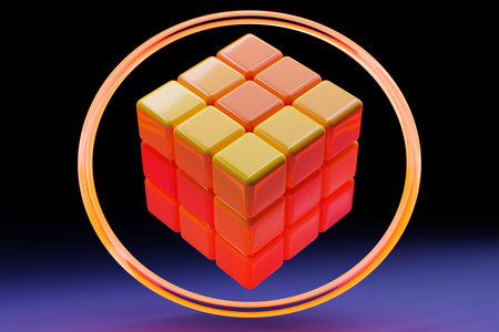 3D illustration of a orange cube on a blue background under a neon light. Simple three-dimensional...