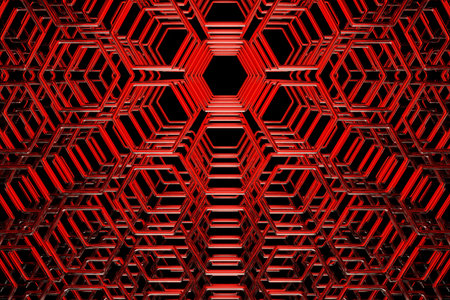 3d illustration of a red honeycomb monochrome honeycomb for honey. Pattern of simple geometric hexagonal shapes, mosaic background.の写真素材