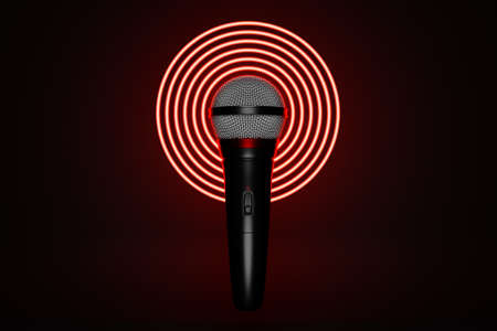 microphone, round shape model o neon background, realistic 3d illustration. music award, karaoke, radio and recording studio sound equipmentの写真素材