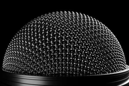 3d illustration close-up of a metal microphone on a black backgroundの写真素材